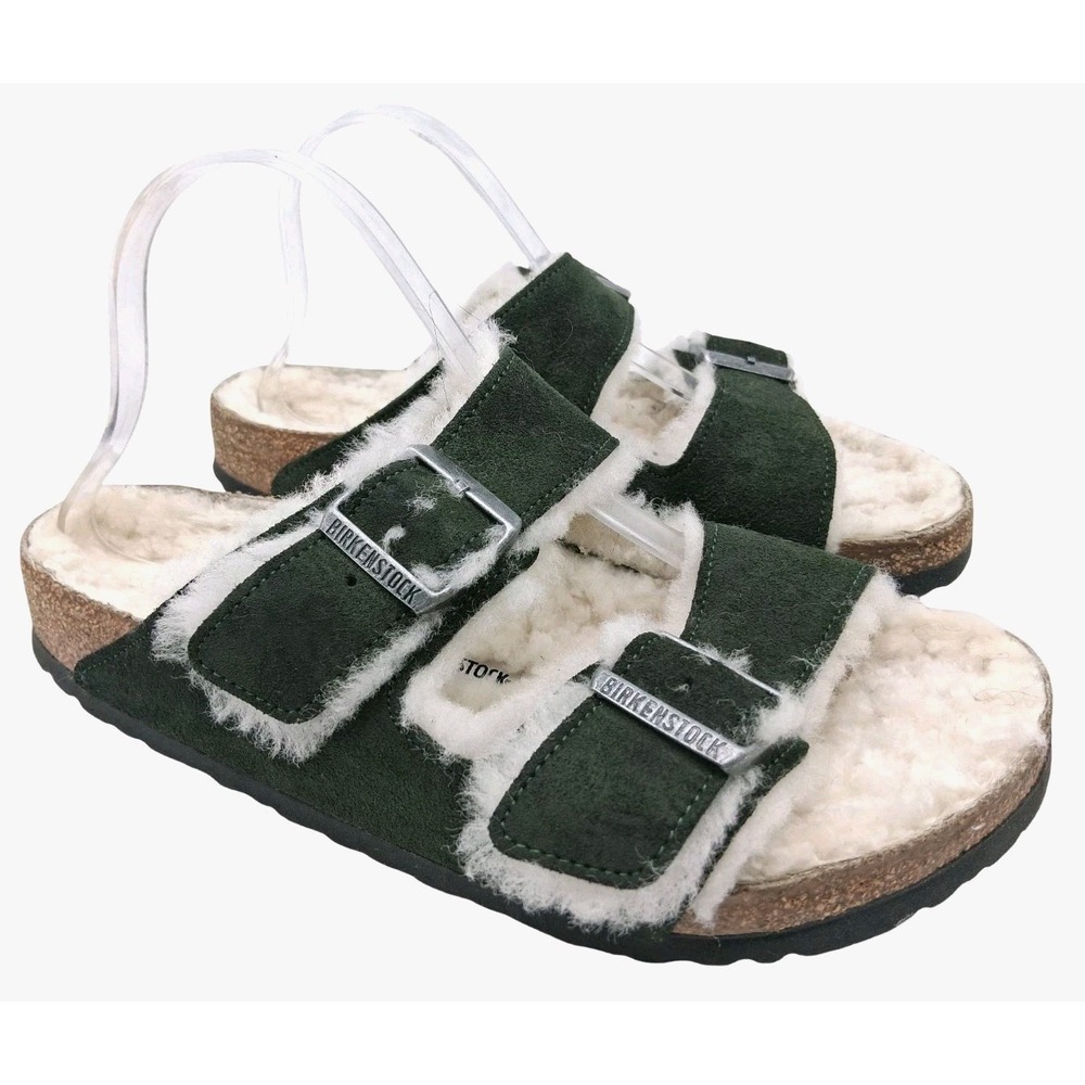 Birkenstock Arizona Sandals Womens 10 41 Green Brown Suede Shearling Fur Lined